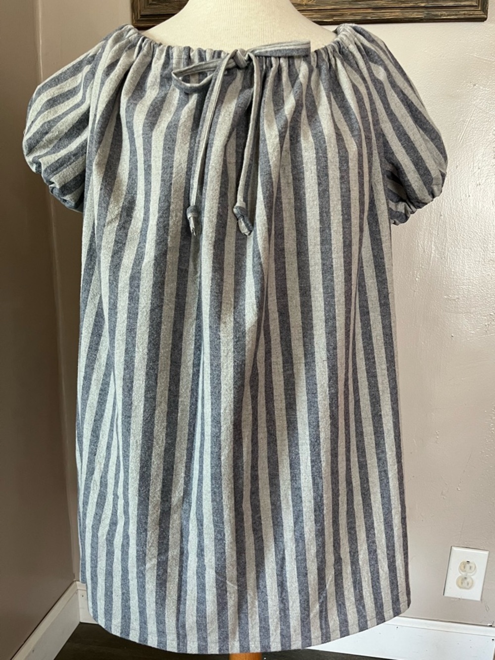 Handmade Grey Stripes Puff Sleeve Mini Dress Flowy Tie-Front Cottagecore Size S